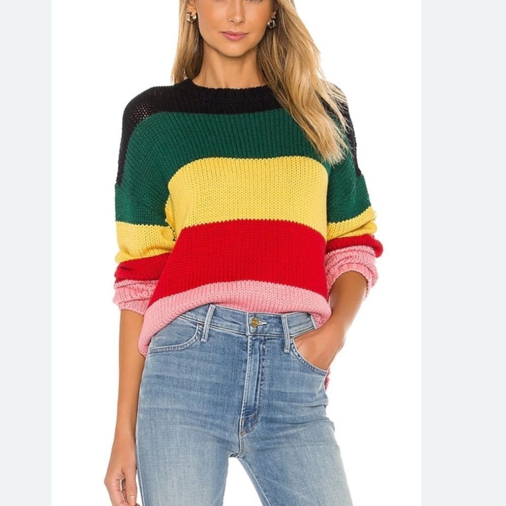 Sundry Multicolor Striped Crewneck Sweater in Black, Green, Yellow, Red, Pink